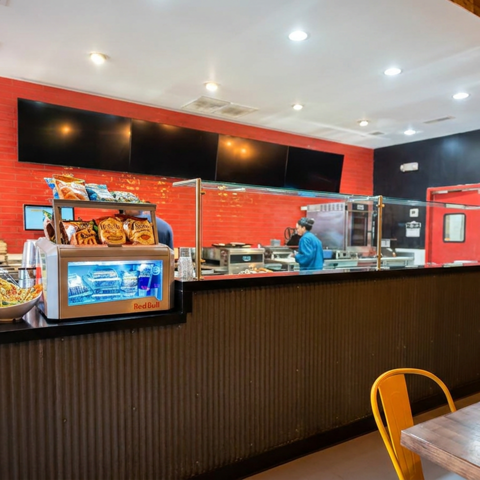 Bright restaurant interior with red tiled walls, black counter, snack display, open kitchen, and wooden tables with orange chairs.