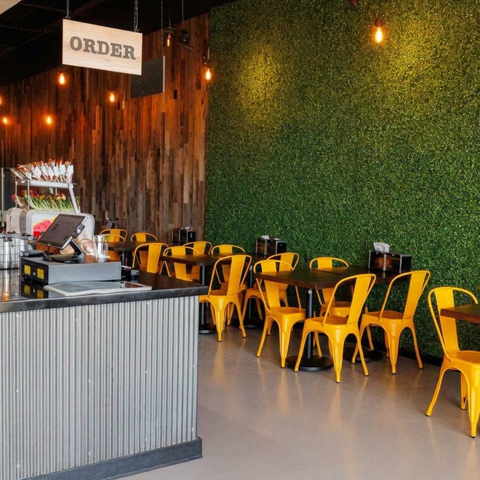 Modern restaurant interior with an order counter, food prep station, wood-paneled walls, greenery, and yellow metal chairs around tables.